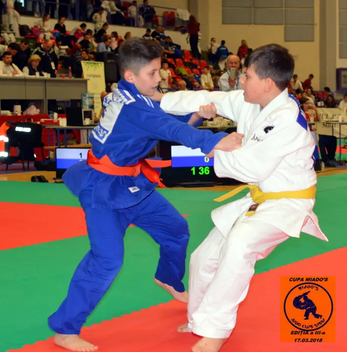 Meci de judo: kimono alb contra kimono albastru